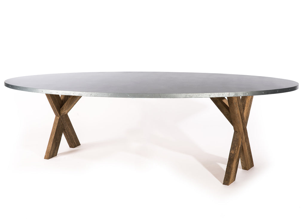 X Base Trestle Oval Zinc Dining Table - Custom Wood Furniture | Kingston Krafts