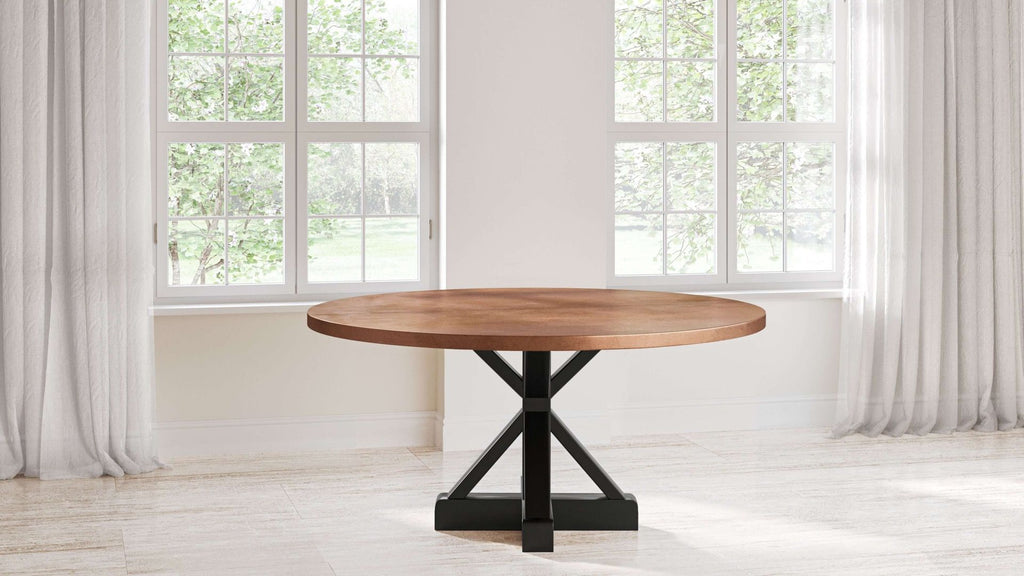 French Trestle Round Copper Dining Table - Custom Wood Furniture | Kingston Krafts